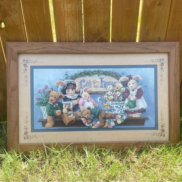 Vintage Framed Teddy Bear and Bunny Art Print - Picture 1 of 3
